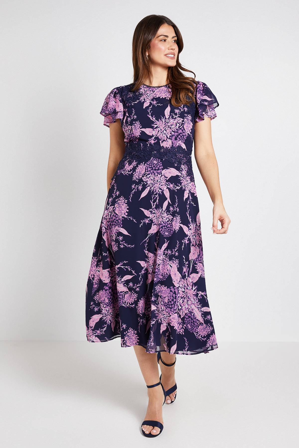 Wallis Robe Midi En Dentelle Florale À Manches Volantées