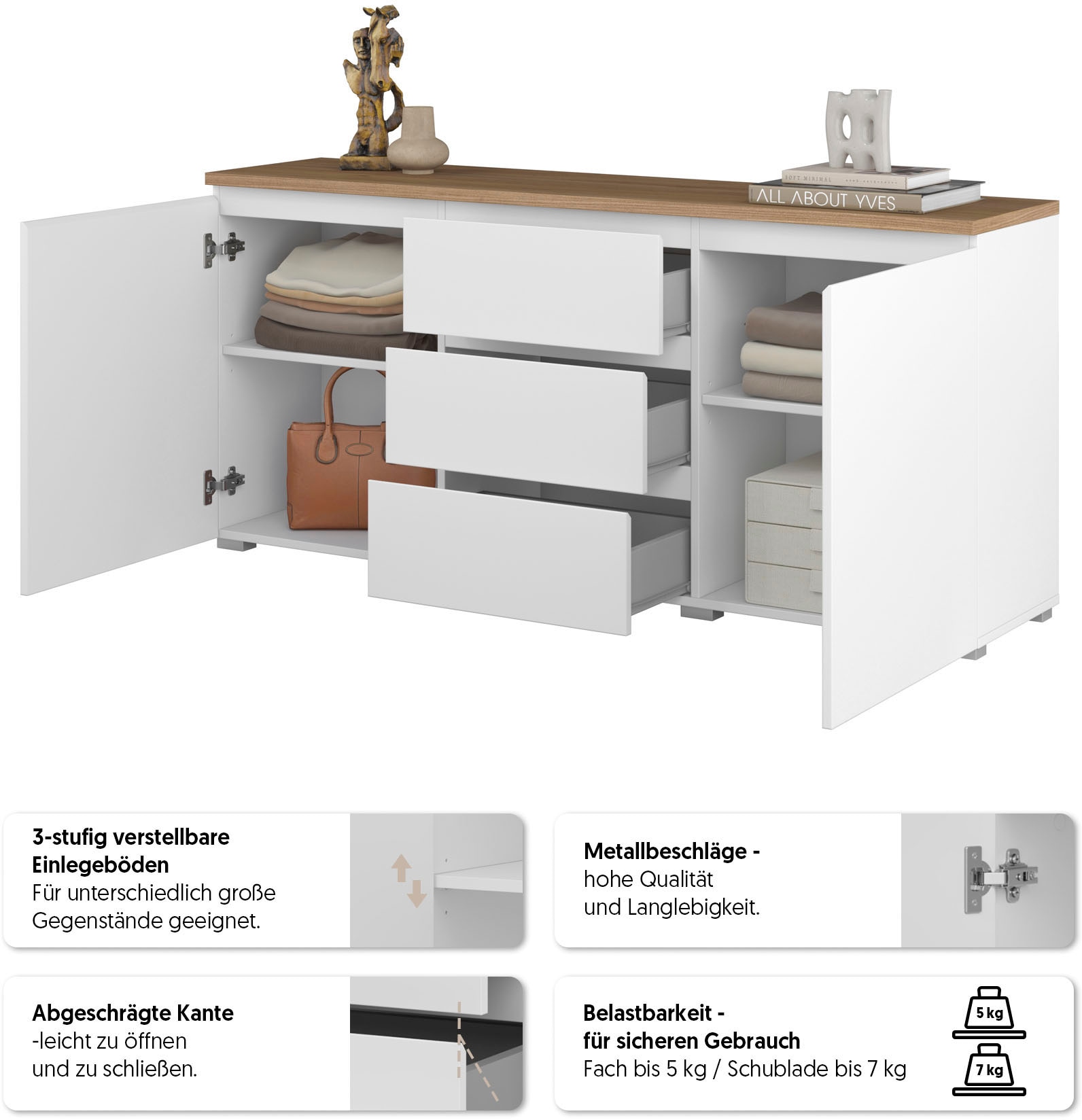 INOSIGN Sideboard »Modo, Breite 150 cm, moderne grifflose Kommode 2Türen/3 SK« Schubladenkommode mit viel Stauraum, Einlegeböden verstellbar