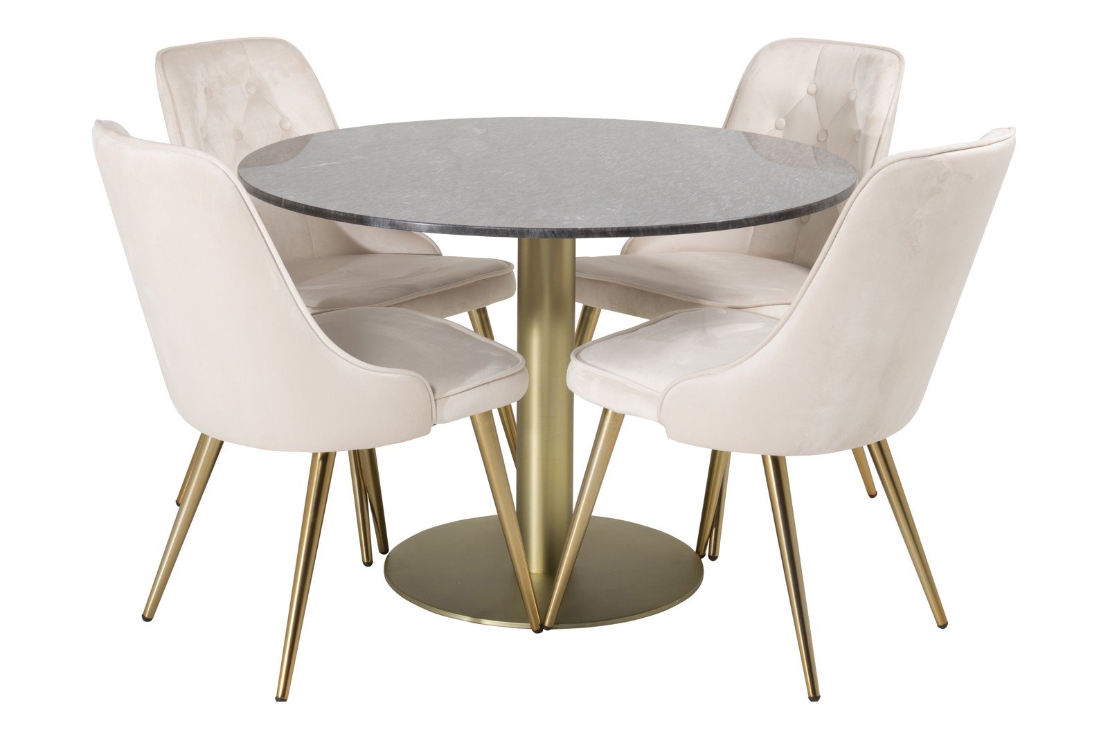 Estelle og Velvet Deluxe Spisegruppe Estelle rundt spisebord ø106 cm i mørk grå marmor og messing ben med 4 stk. Velvet Deluxe spisestoler i Beige fløyel og messing ben