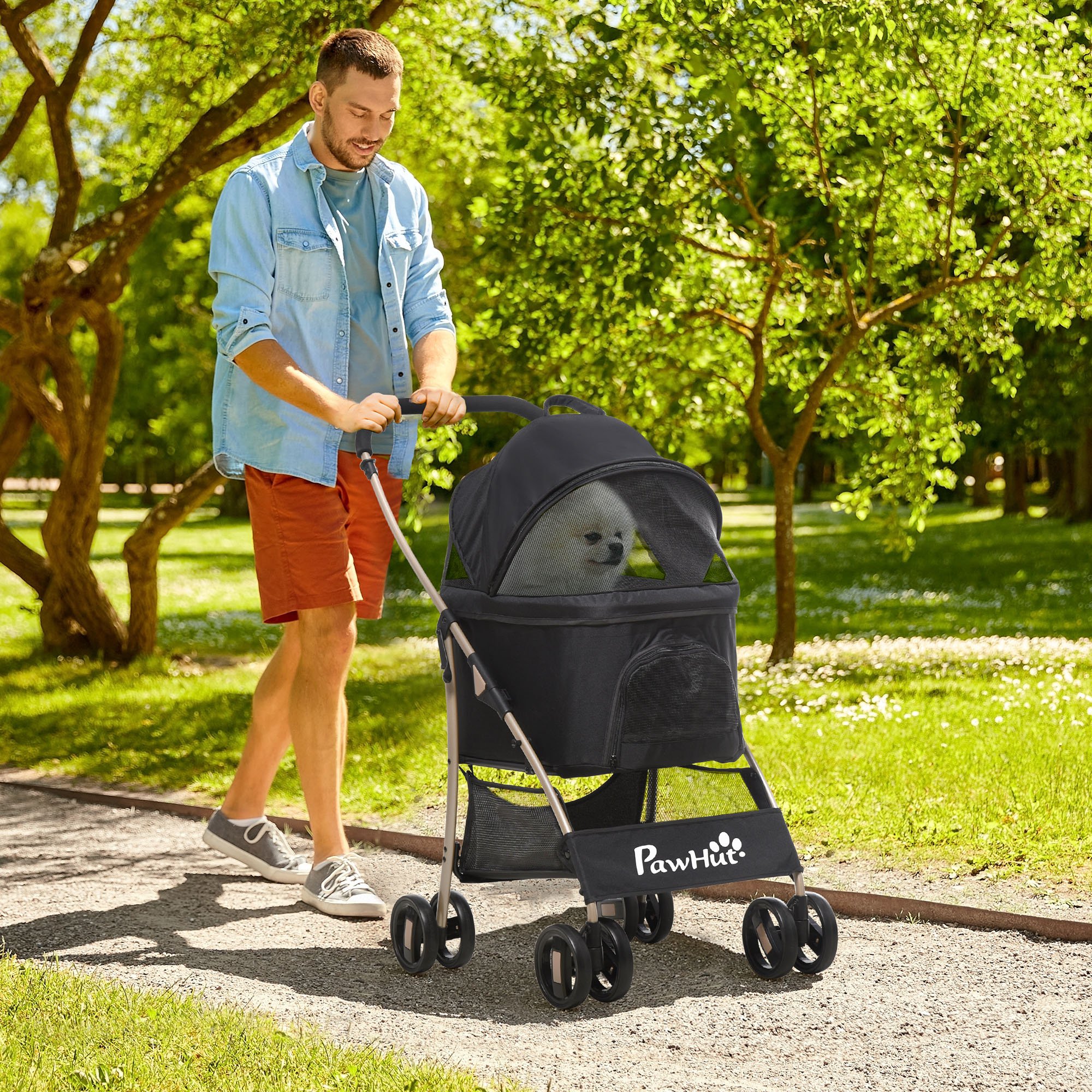 Carrinho para animais de estimação PawHut 3 em 1 para cães e gatos, com bolsa de transporte dobrável e removível, cesto de armazenamento e freios. Fabricado em tecido Oxford 600D, suporta até 15 kg e mede 82 x 49,5 x 98 cm, na cor preta.