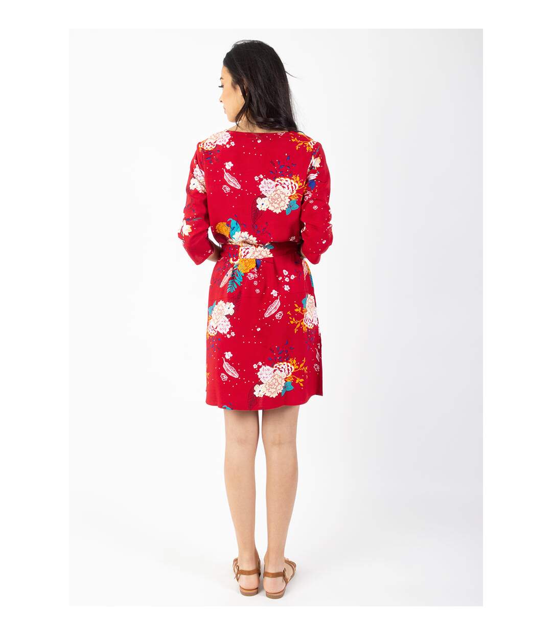 Robe courte manches 3/4 fluide LEYLA imprimé fleuri rouge Coton Du Monde