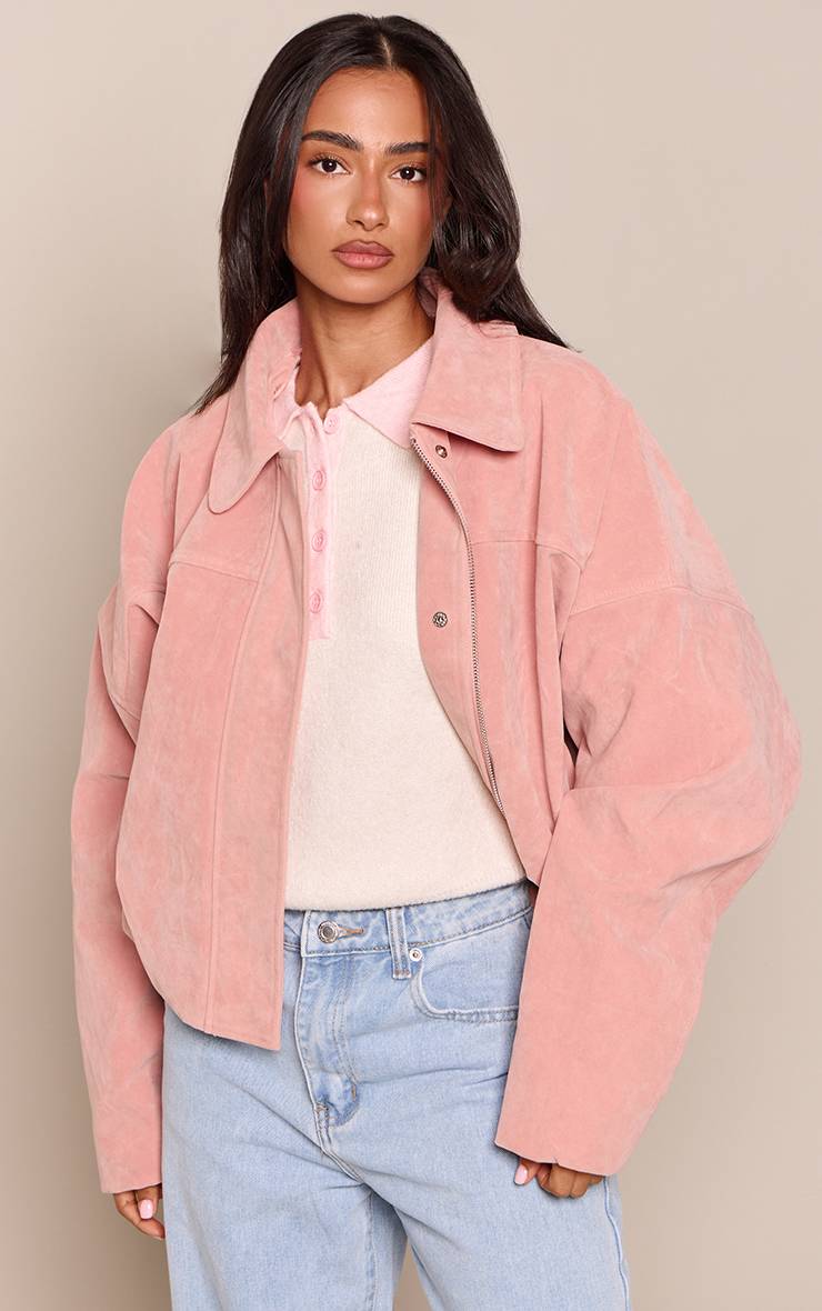 Rose Poudré Blouson Aviateur En Faux Suède Avec Patte De Boutonnage Dissimulée