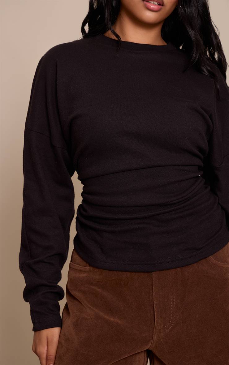 Noir Top Petite À Manches Longues Avec Taille Froncée