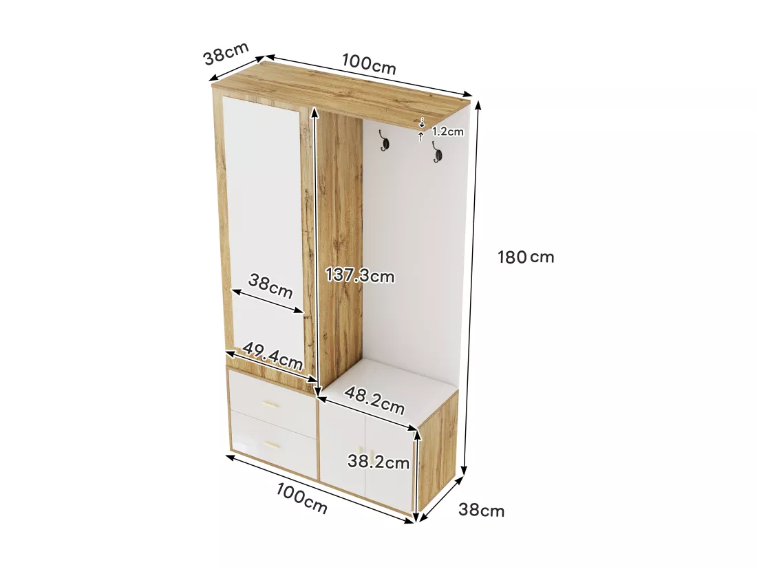 Armoir 100x38x108.1cm - Avec miroir - Avec meuble à chaussures - Avec crochets et cintres rétractables - Blanc + Naturel