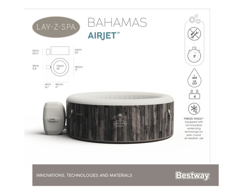 Bestway® LAY-Z-SPA® Bahamas AirJet™ opblaasbare hottub met 120 luchtjets, multifunctionele pomp, geïntegreerde verwarming en afsluitbare thermische afdekking, grijs