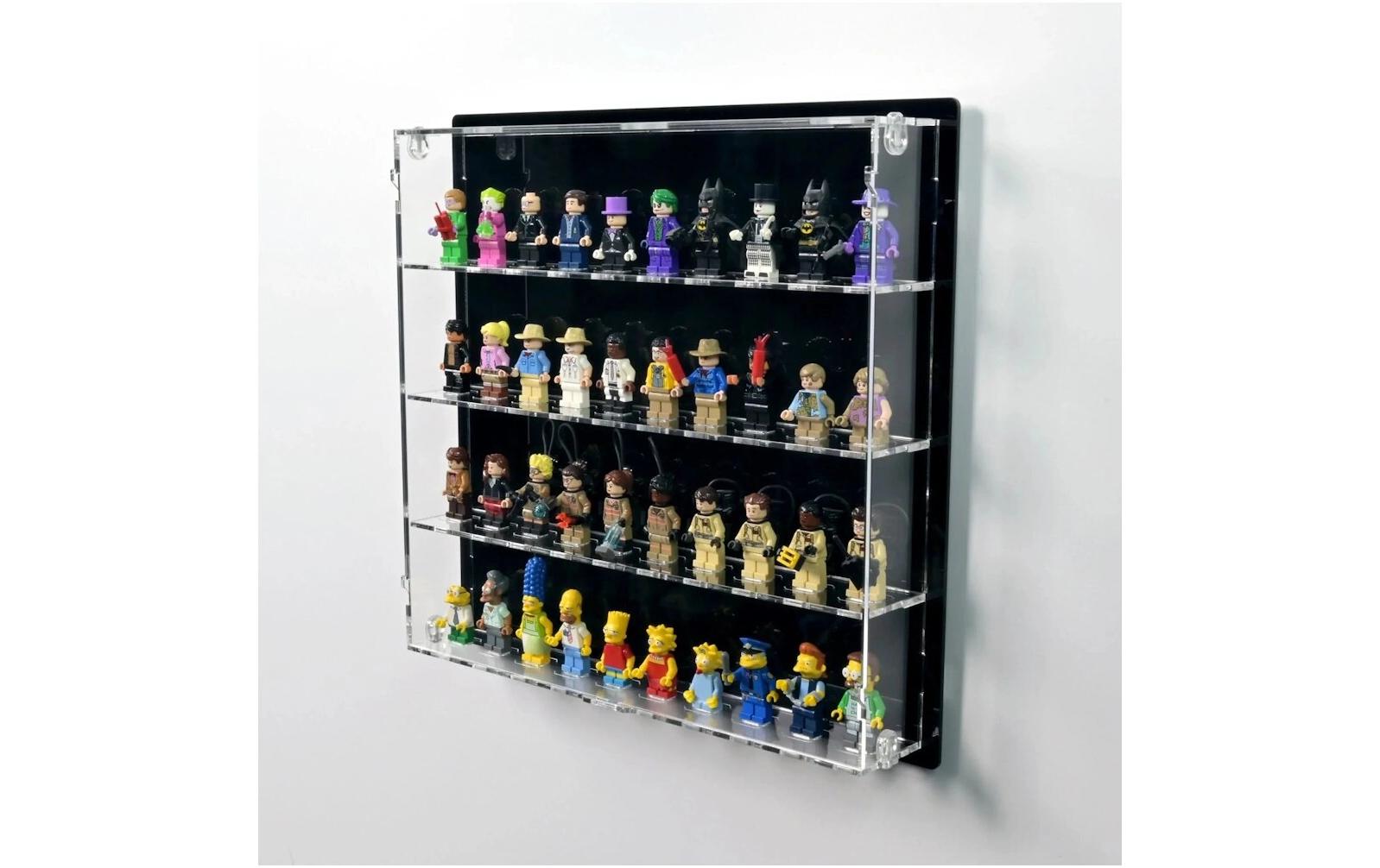 Baukasten Acryl-Wand-Display für 40 LEGO-MinifigurenAcry-Display-Box mit schwarzem Hintergrund