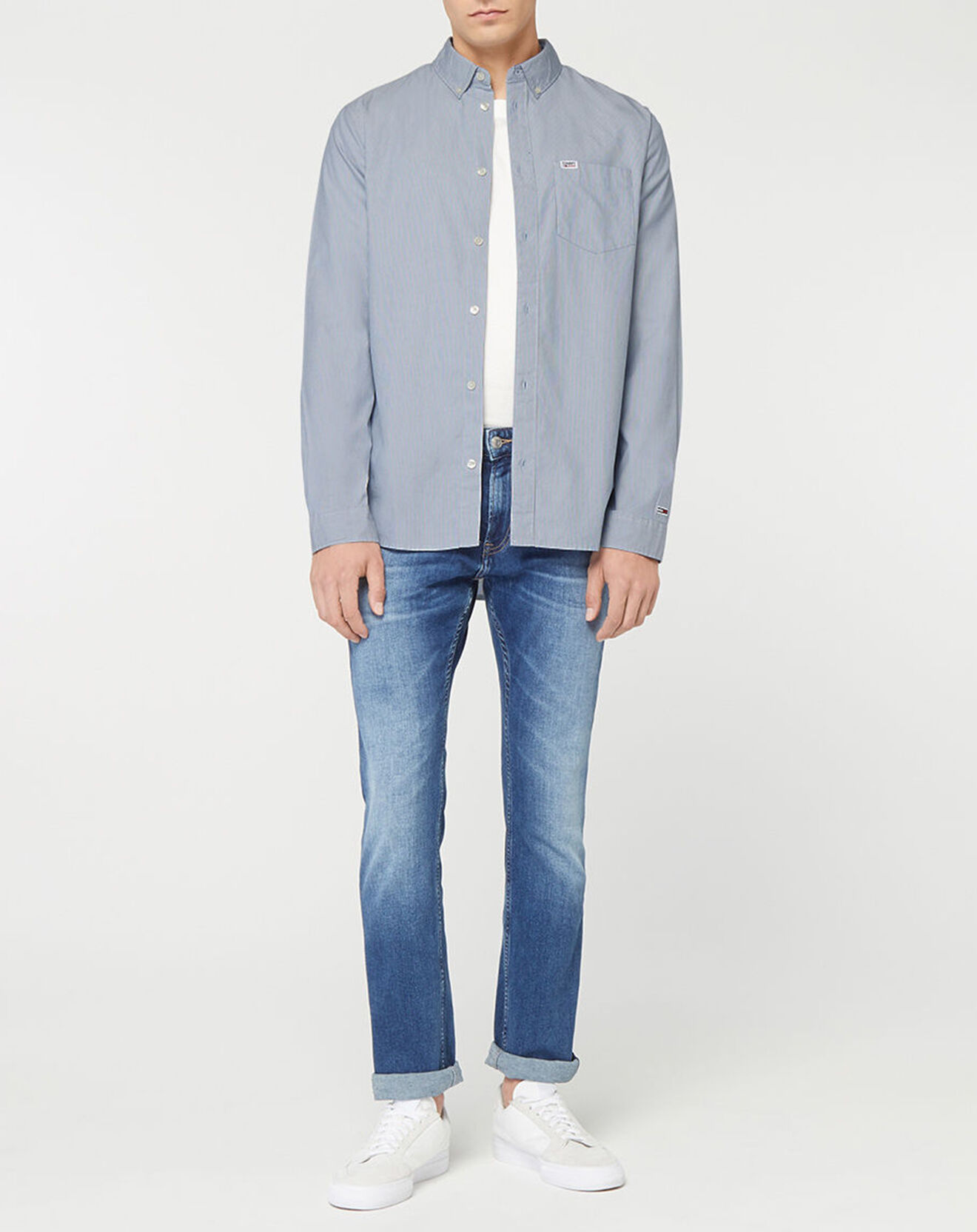 Tommy Jeans Chemise Regular 100% Coton Bio à fines rayures bleue