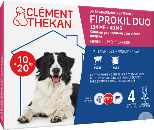Clément Thékan Anti-Puces Chien Moyen 10-20kg Double Action 4 Pipettes