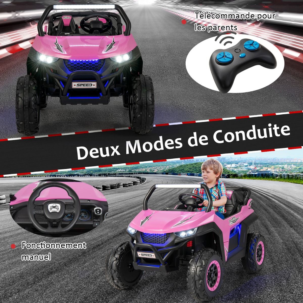 Voiture électrique Enfant 12 V Télécommande pour 3-8 Ans 2 Vitesses Ressort de Suspension Charge 59KG 118x74x71CM Noir/Rose/Rouge - Lidl-Manfred