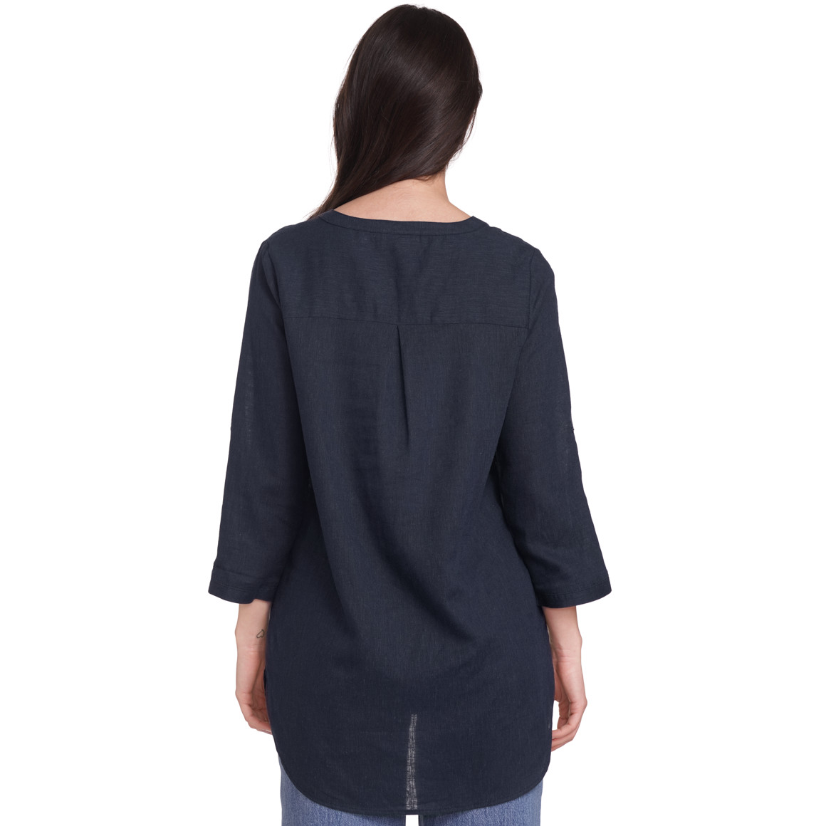 Gina Damen Leinen-Bluse mit Serafino-Ausschnitt dunkelblau