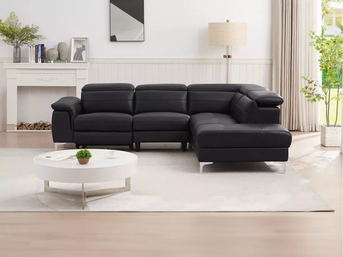 Canapé d'angle droit relax électrique en cuir noir FUSINO