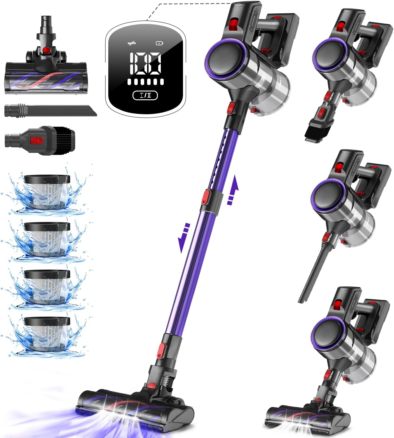 Akku Staubsauger Kabellos, 45000Pa Kabelloser Staubsauger mit Touchscreen, 50Mins, 1.6L, H13 HEPA, Anti-Tangle-Bürste, für Hartböden/Teppich/Tierhaare