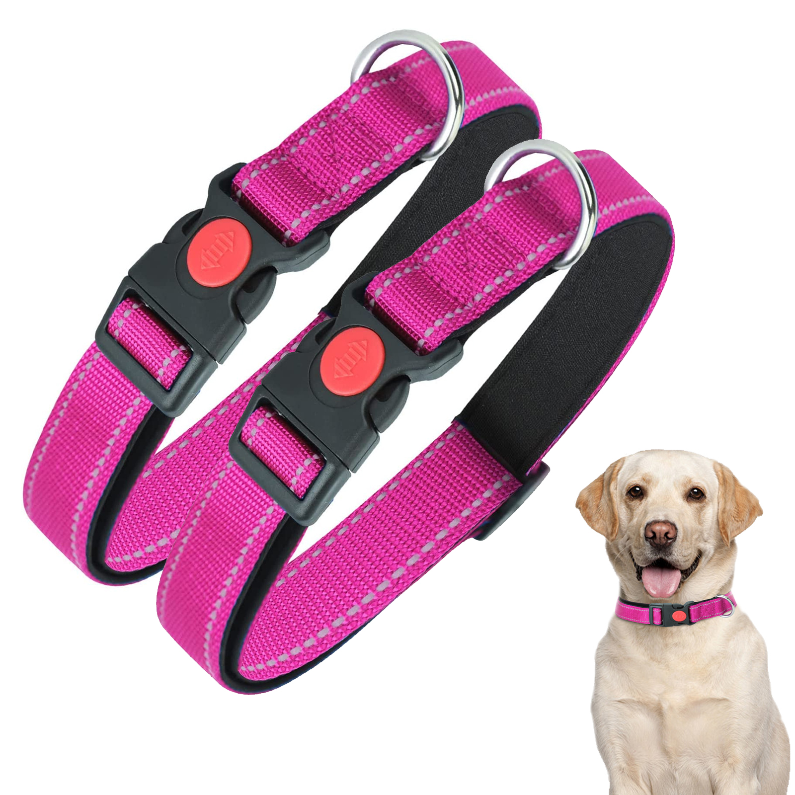Nobleza - 2 coleiras para cães, coleira de nylon macia e acolchoada com detalhes refletivos, coleira ajustável para cães grandes com trava de segurança, coleiras para treinamento de cães (G, rosa)