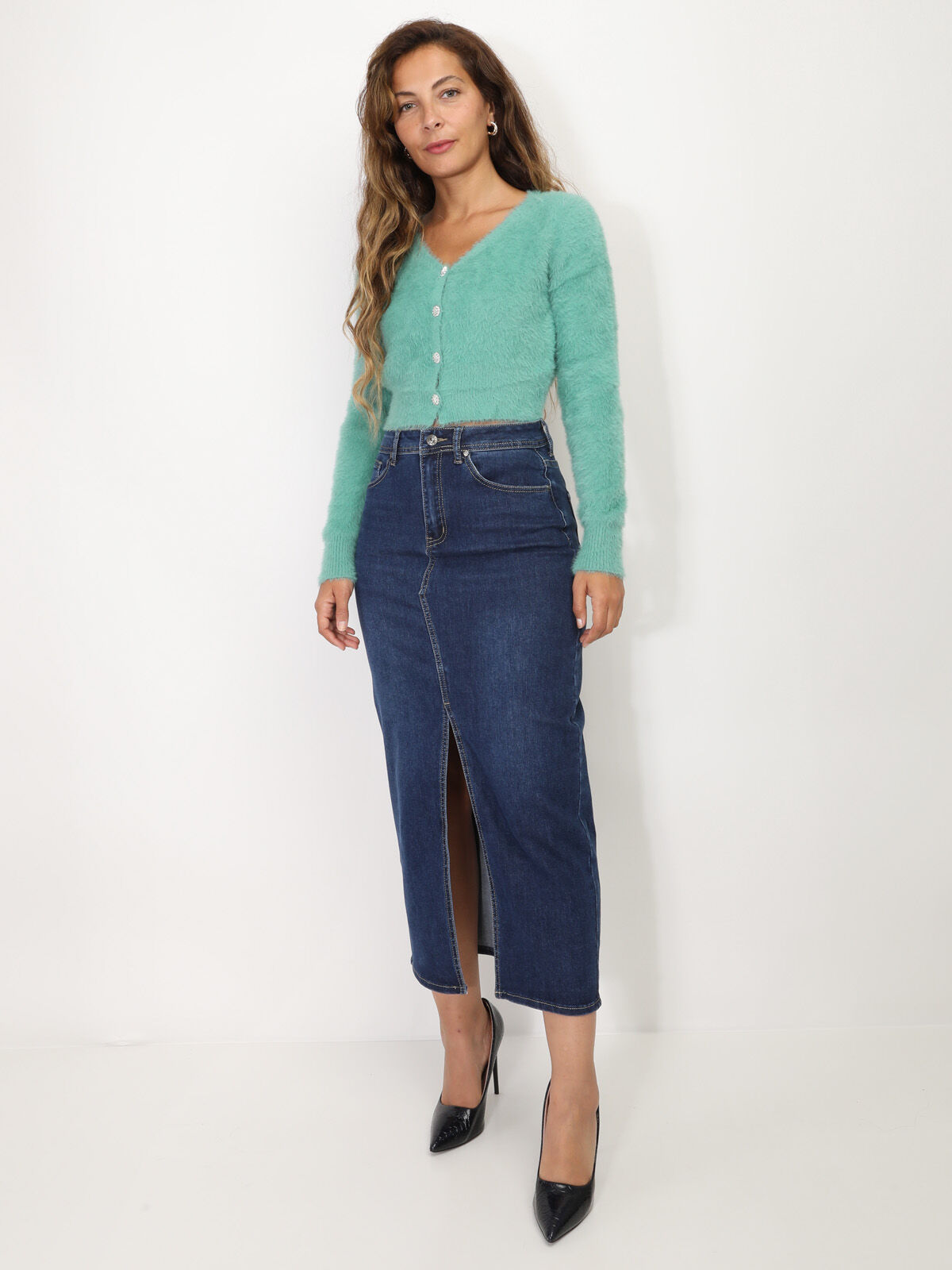 Jupe longue en denim fendue- Bleu foncé