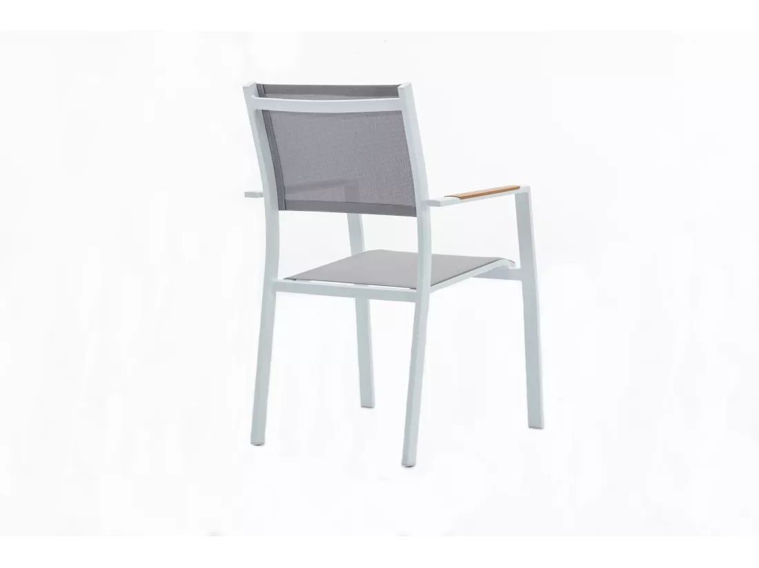 Salle à manger de jardin en aluminium et polywood : une table extensible L.170/230 cm et 6 fauteuils empilables - Naturel clair et gris - MACILA de MYLIA