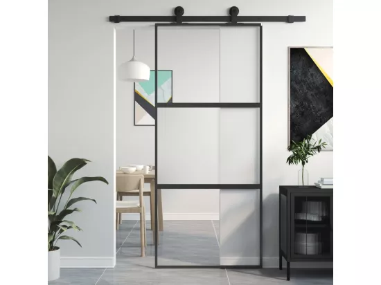 Porte coulissante noir 90x205 cm verre trempé aluminium