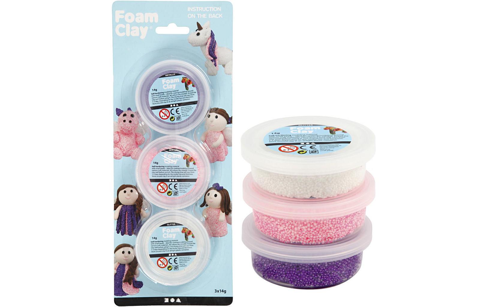 Modellier-Set Foam Clay 3 x 14 g Weiss; Lila; PinkSelbsthärtende Modelliermasse mit winzigen Styroporkügelchen
