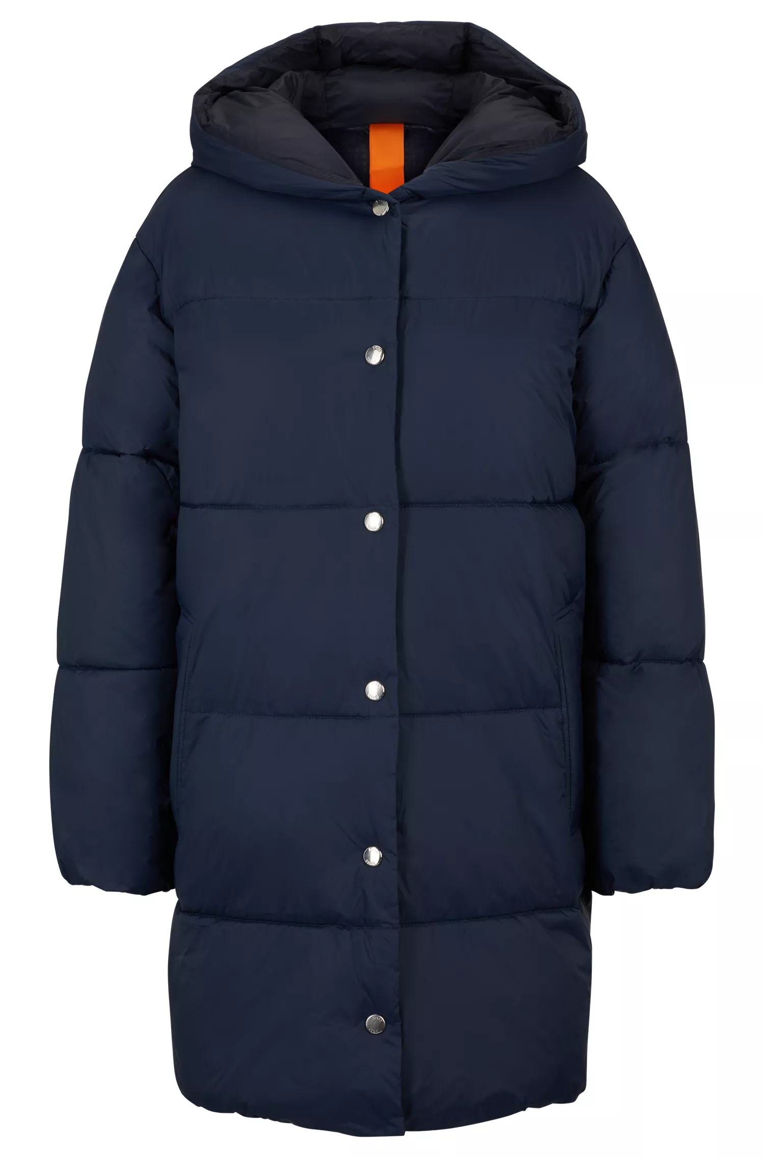 Jaqueta puffer BOSS laranja, modelagem oversized e acabamento repelente à água.
