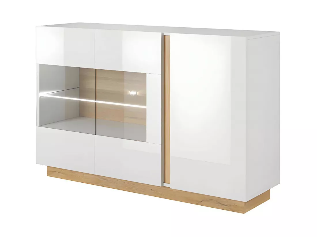 Buffet MURARI - 3 portes - Avec LEDs - Blanc brillant et chêne