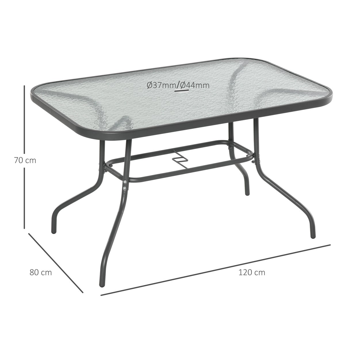 Outsunny tuintafel, bistrotafel met glazen blad, parasolgat, 120 x 80 x 70 cm, gehard glas + metaal, carbongrijs