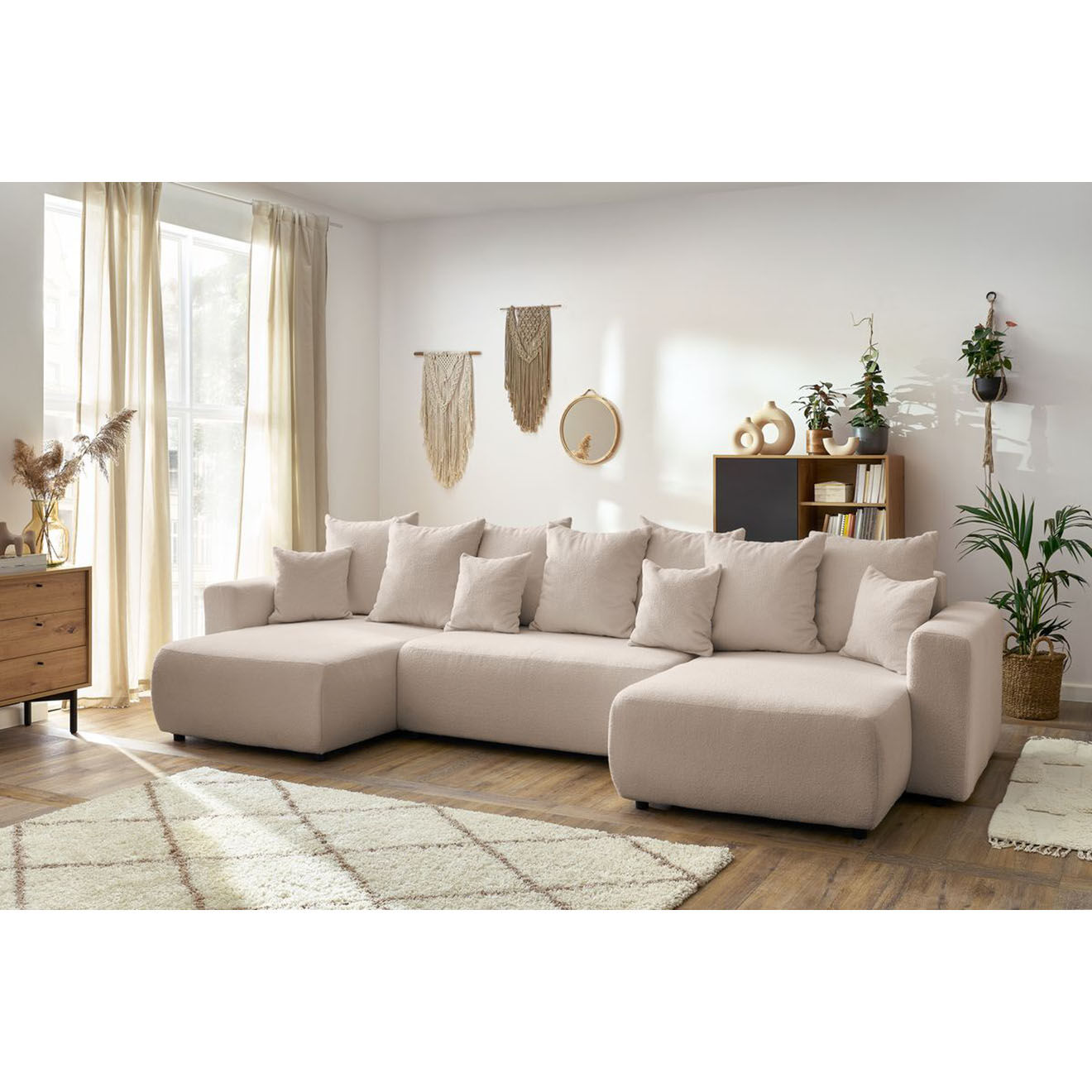 Bobochic Canapé panoramique convertible coffre bouclette envy beige - 386x153x95 cm