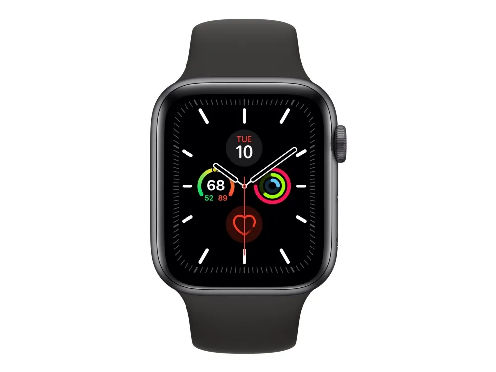 [OUTLET] - Apple Watch Series 5 (GPS) - 44 mm - rumgråt aluminium - smart ur med sportsbånd - fluoroelastomer - sort - båndstørrelse 140-210 mm - S/M/L - 32 GB - Wi-Fi, Bluetooth - 36.5 g