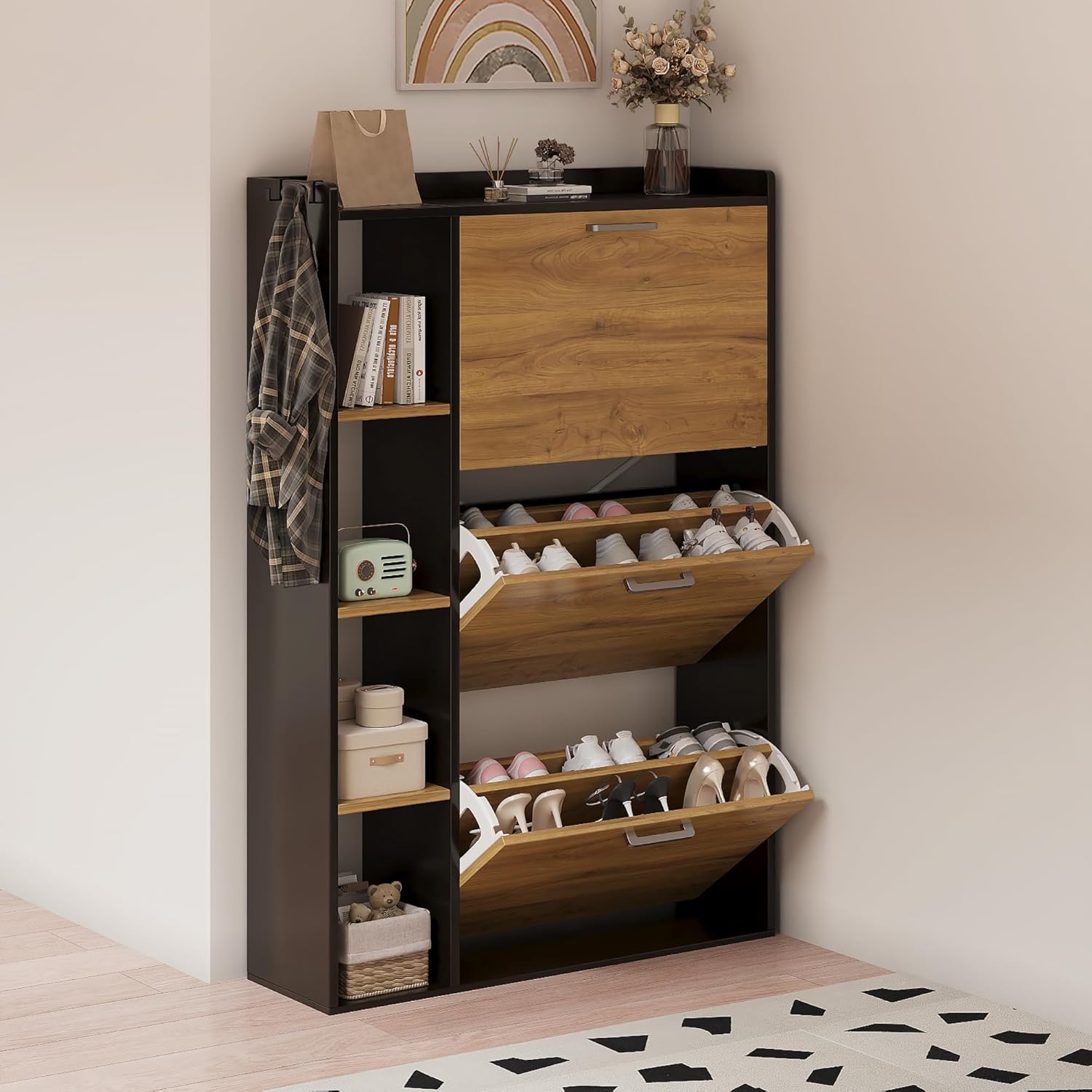 Meuble à Chaussures 18-24 Paires Meuble de Rangement à Chaussure avec 4 Compartiments de Rangement pour Salon, Couloir, entrée 80x24x122cm Noir et Orange NT2901929