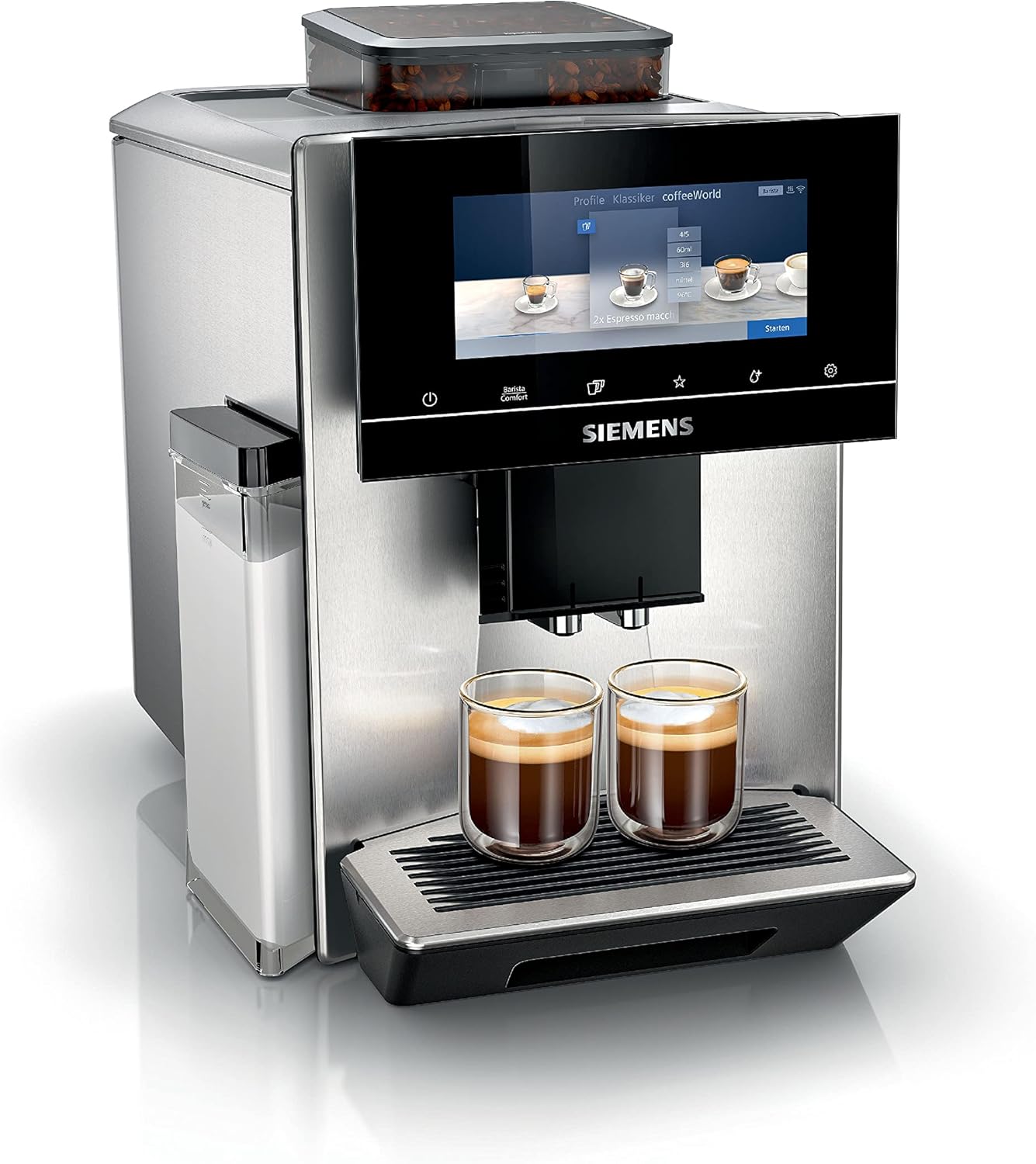 Siemens, machine à café automatique EQ900 TQ903D03, contrôle par l'application, écran tactile, mode barista, AromaBoost, réduction du bruit, broyeur premium, nettoyage à la vapeur, 1 500 W, inox