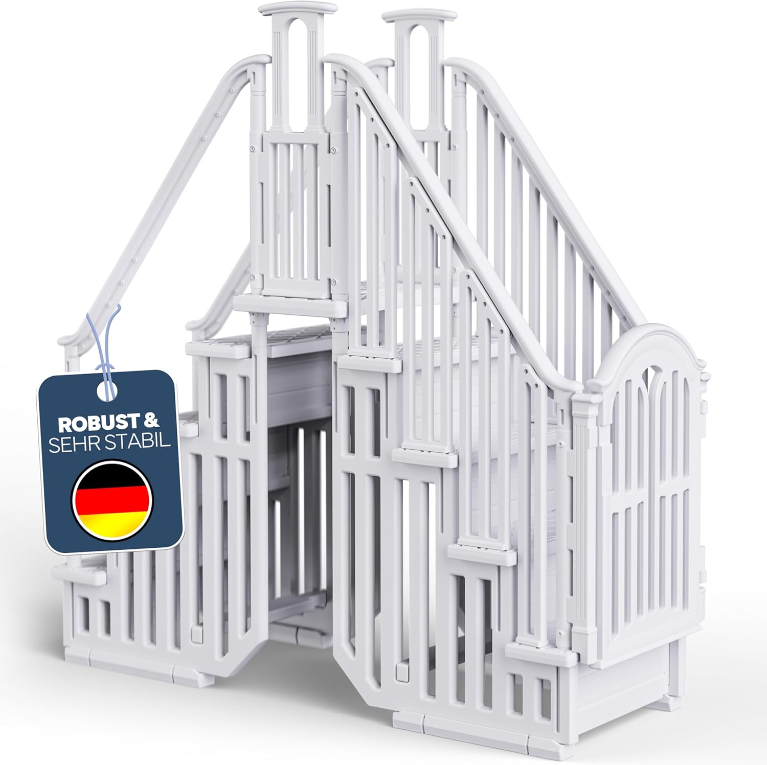 Poolomio Poolleiter beidseitig für Aufstellbecken bis 137 cm Höhe | Doppelte Pooltreppe Easy-Entry aus HDPE-Polyethylen | Leiter mit rutschfesten Sprossen, Geländer und verschliessbarer Tür