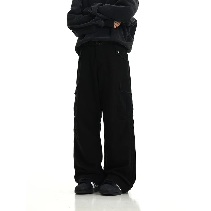 Meiksip - Mid Rise Plain Wide Leg Cargo Jeans