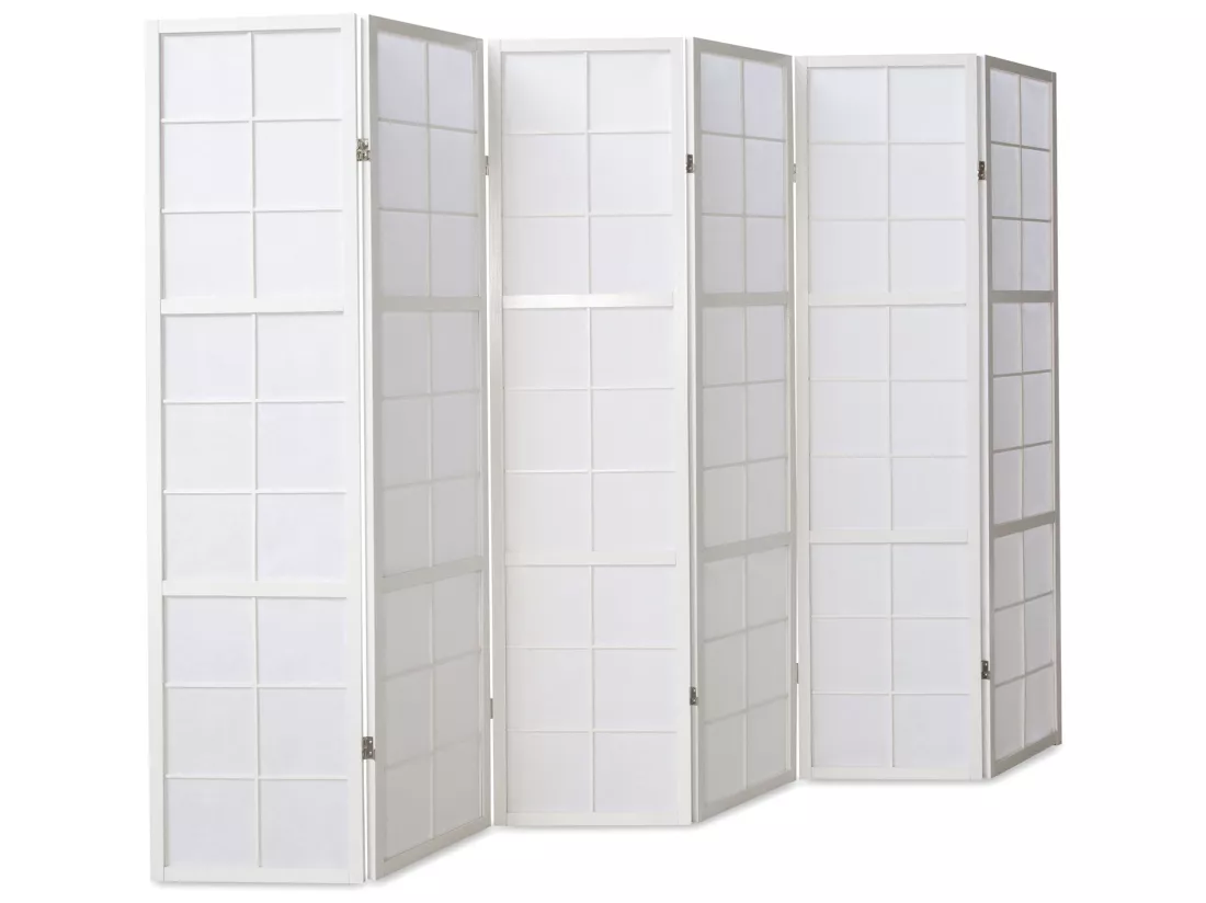 Paravent japonais grands carreaux bois blanc et papier de riz - 6 pans - Dim : H 175 cm