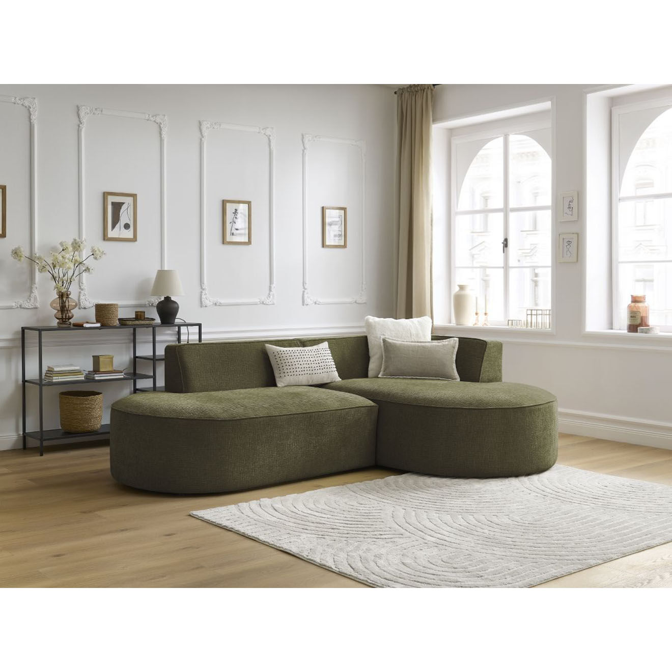 Bobochic Canapé d'angle droit fixe 4 places Rousseau texturé vert - 250x160x72 cm