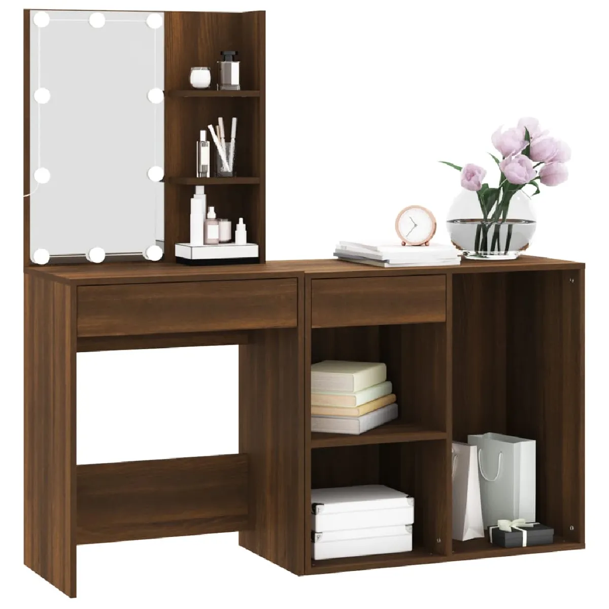 vidaXL Coiffeuse à LED Chêne marron avec armoire
