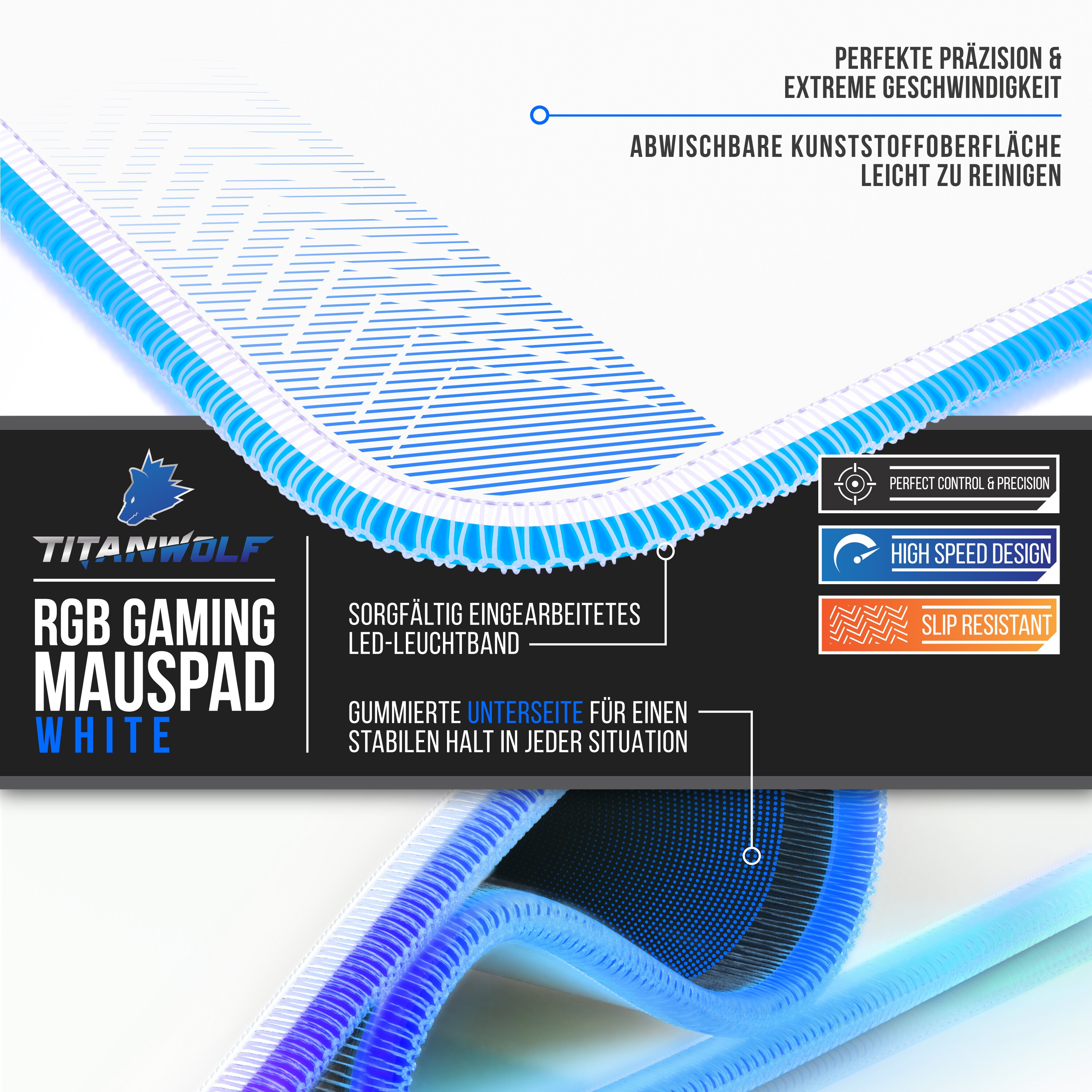 Titanwolf RGB Gaming Mauspad, Mousepad XL 800 x 300mm verbessert Präzision & Geschwindigkeit, weiß