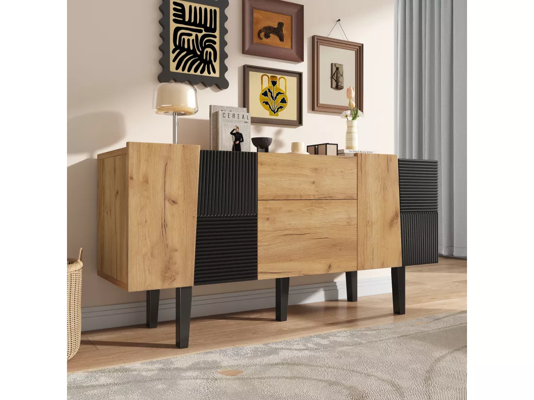 Buffet avec 4 portes et 2 tiroirs, meuble TV - 140 x 40 x 70 cm - Panneaux de particules et pieds en bois massif - Chêne