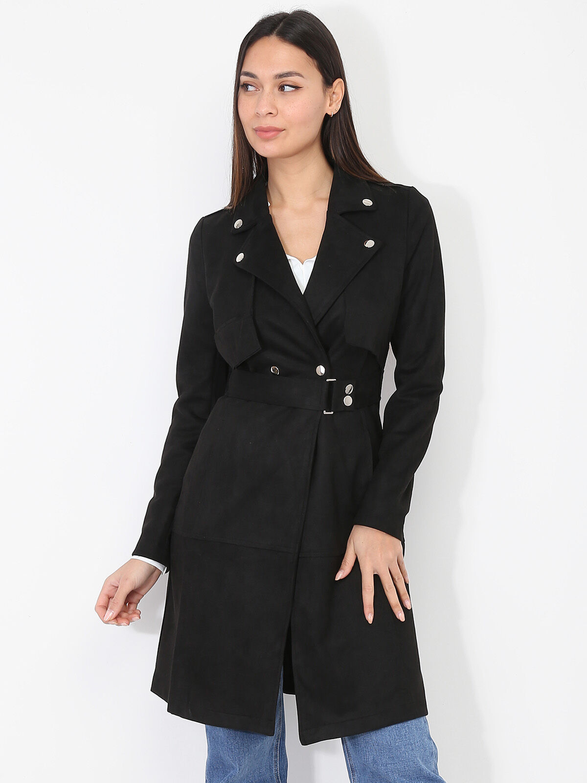 Veste longue ceinturée en suédine- Noir