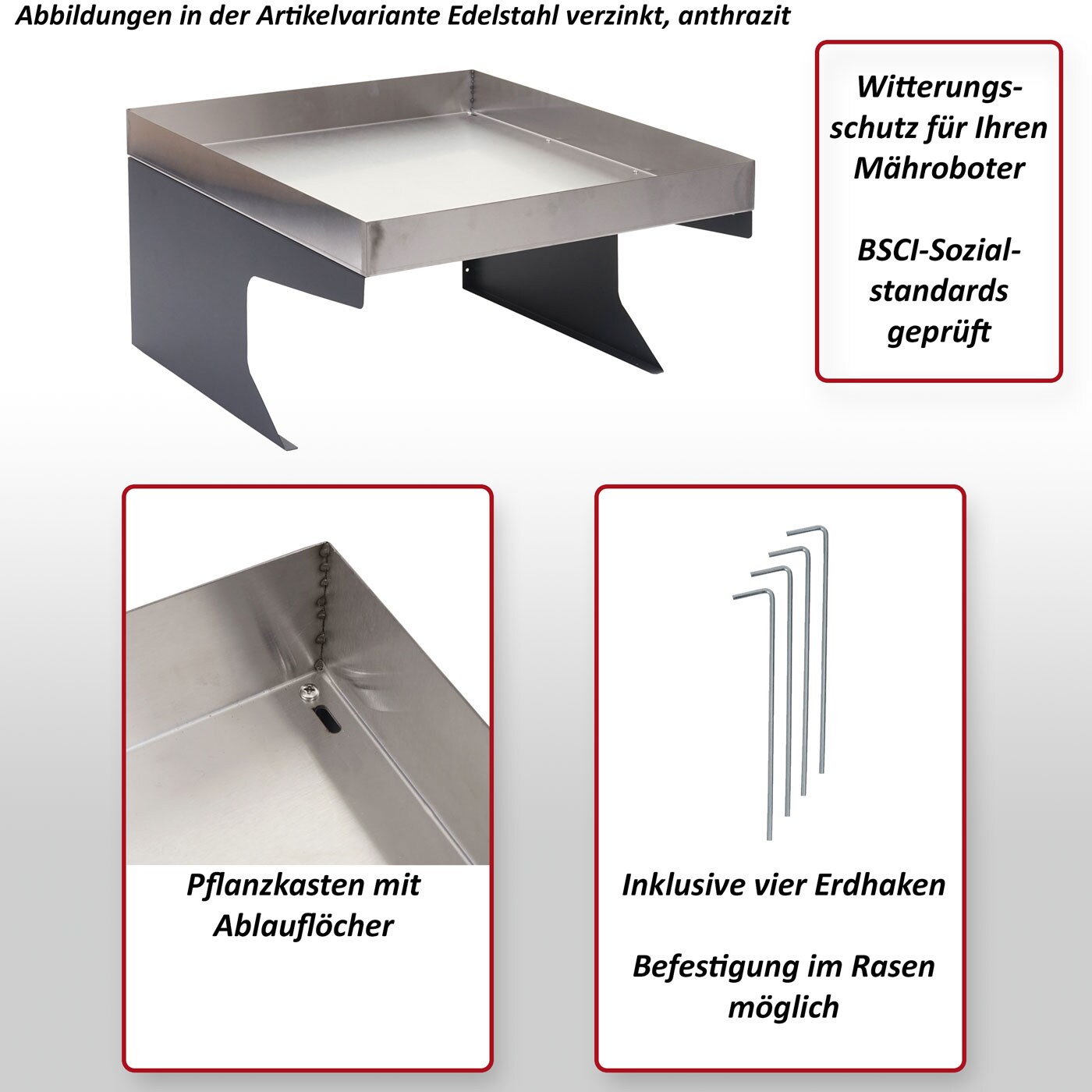 Mähroboter-Garage mit Pflanzkasten MCW-G60, Dach Unterstand für Rasenmäher, Metall 37x60x70cm ~ Edelstahl