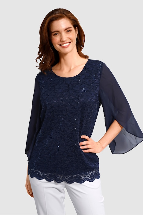 Shirt, gerader Straight Fit, Chiffon mit Pailletten, blickdichtes Top