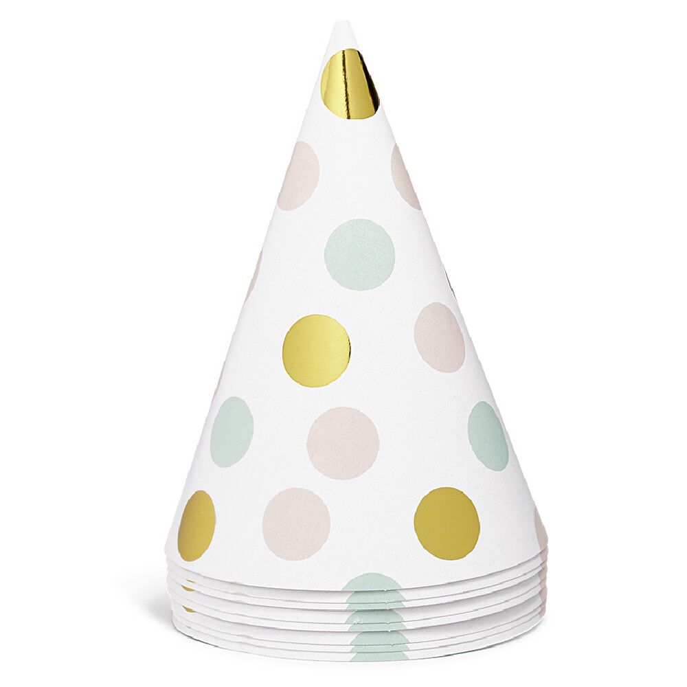 Chapeau de fête blanc à poids rose, vert et doré en carton x 8