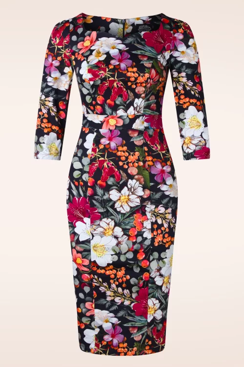 Hearts & Roses Delilah Flower pencil jurk in marineblauw en multi