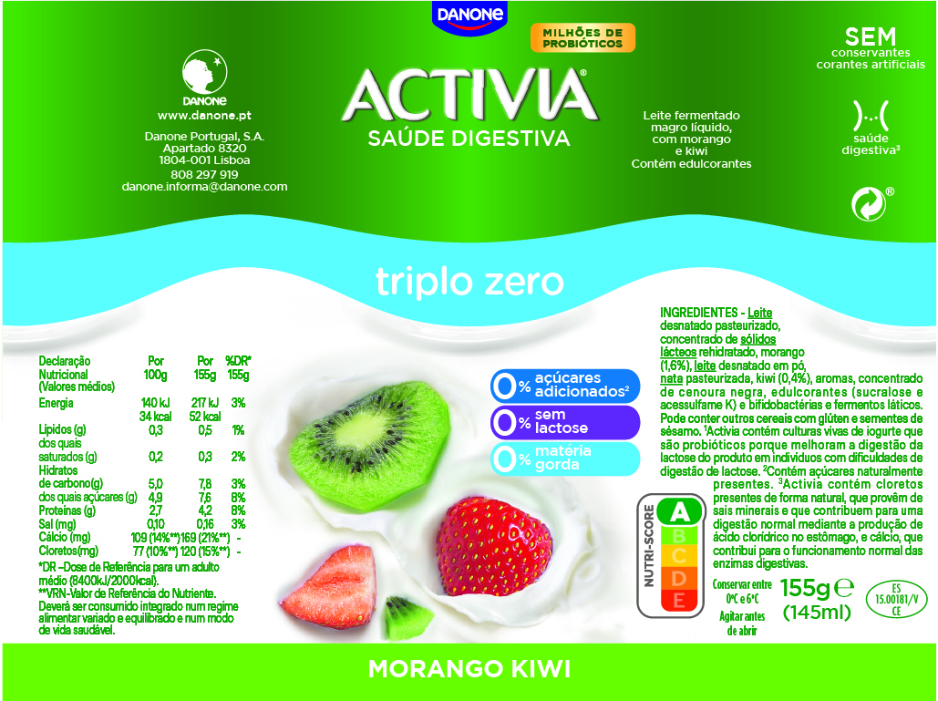 BIFIDUS DANONE ACTIVIA LÍQUIDO MORANGO E KIWI 0% 4X155G