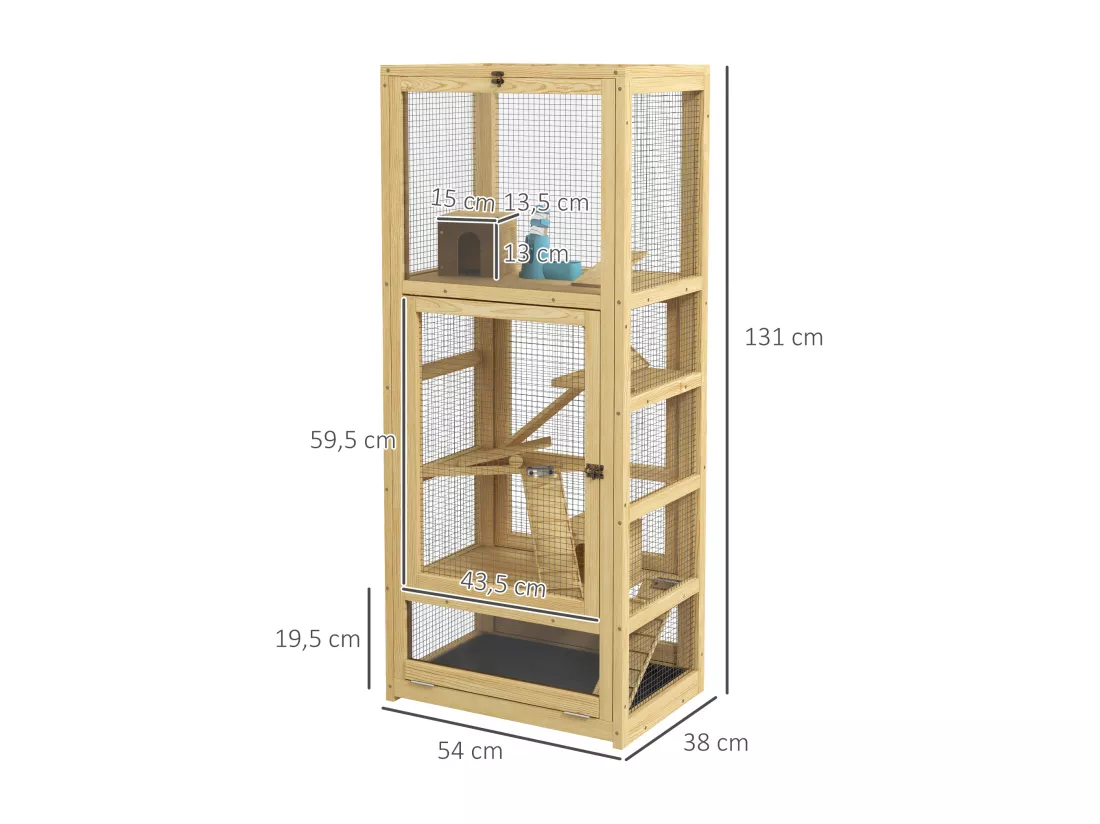 Cage pour rongeurs petits animaux en bois 5 niveaux - échelle, niche, balançoire, plateau amovible, abreuvoir