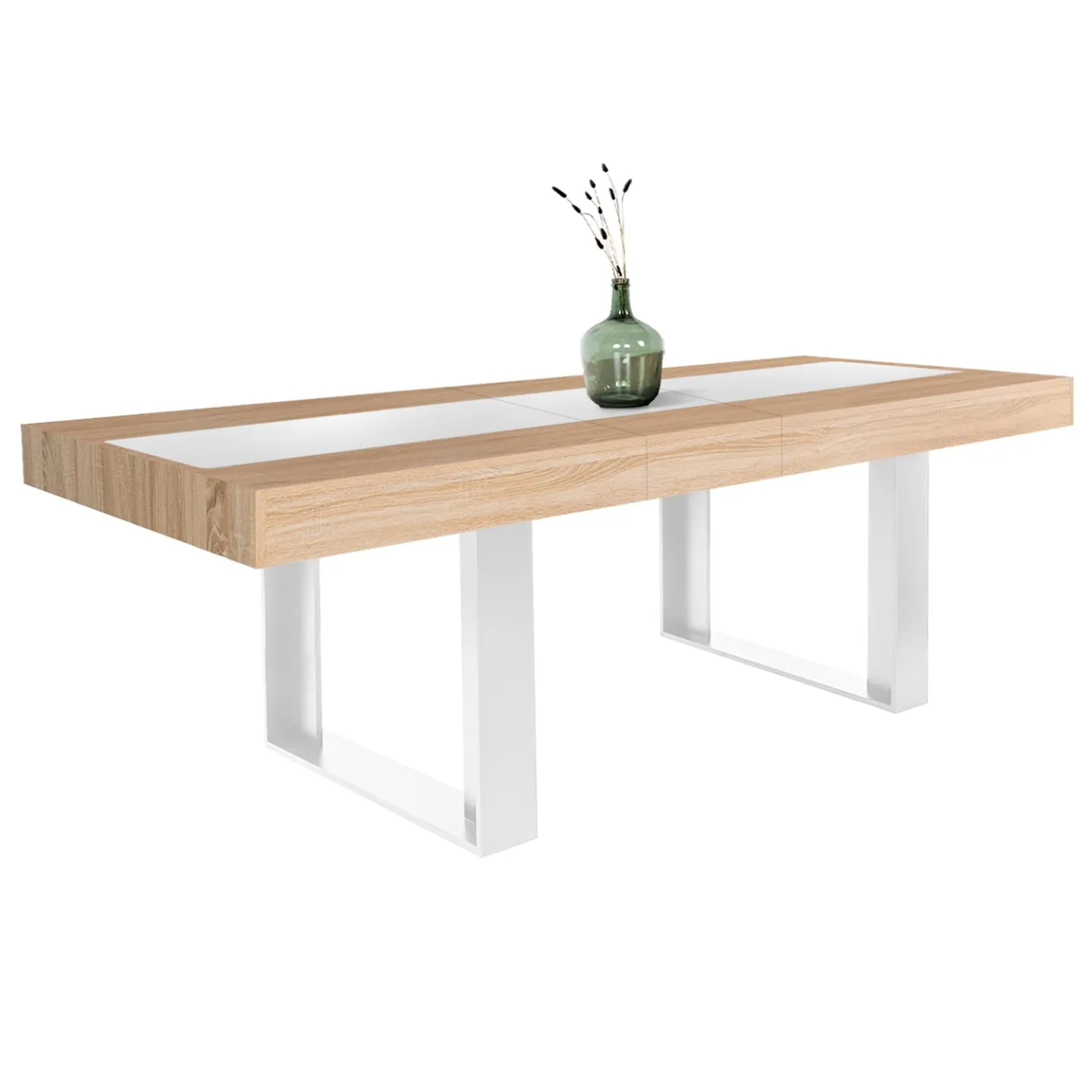 Table à manger extensible rectangle PHOENIX 4-8 personnes bois et blanc bande centrale blanche 160-200 cm