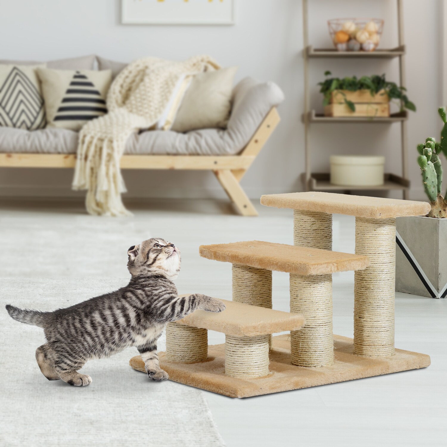 PawHut Katzenteppe mit 3 Stufen beige 45 x 35 x 34 cm (LxBxH)