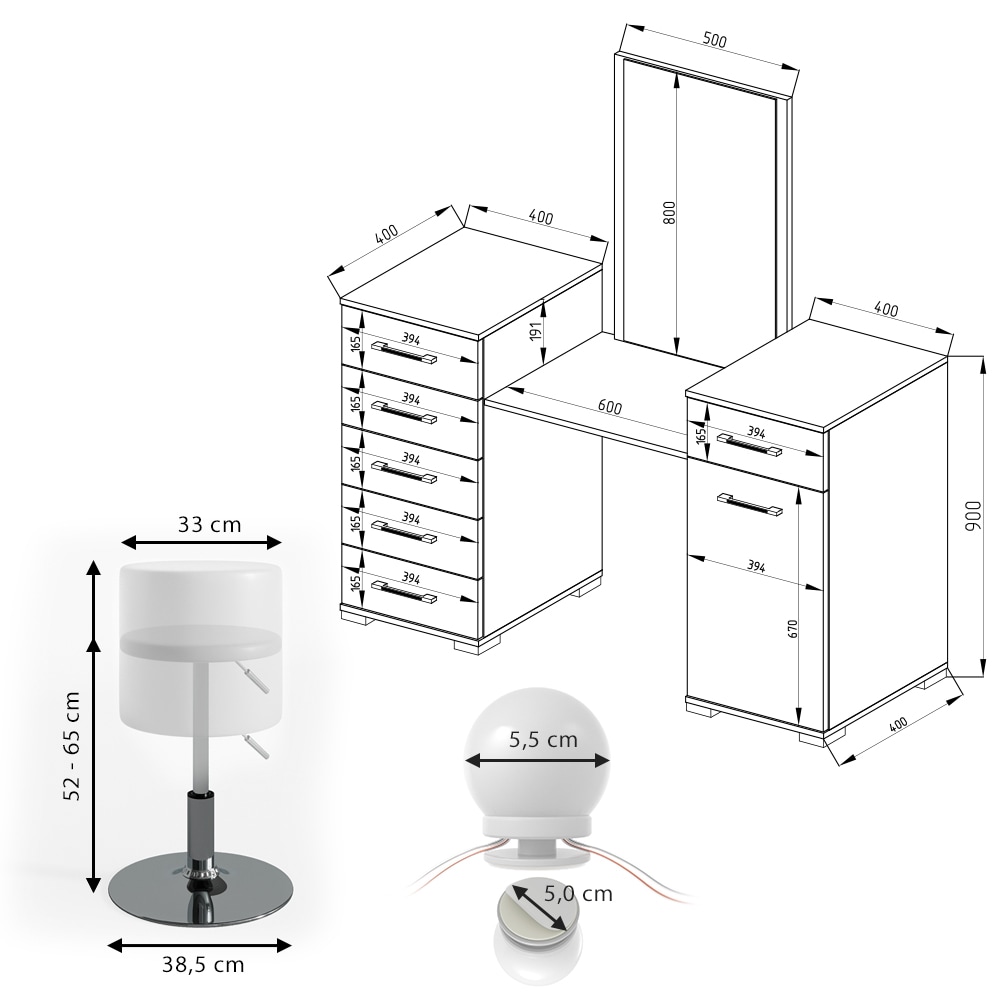 Vicco Schminktisch Zoe Frisiertisch Frisierkommode Spiegel Weiß Hochglanz inklusive Hocker und LED-Lichterkette