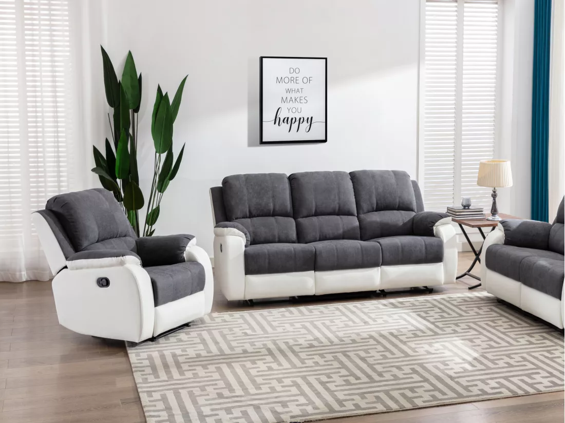 Canapé 3 places et fauteuil relax en microfibre et simili gris et blanc BRODY