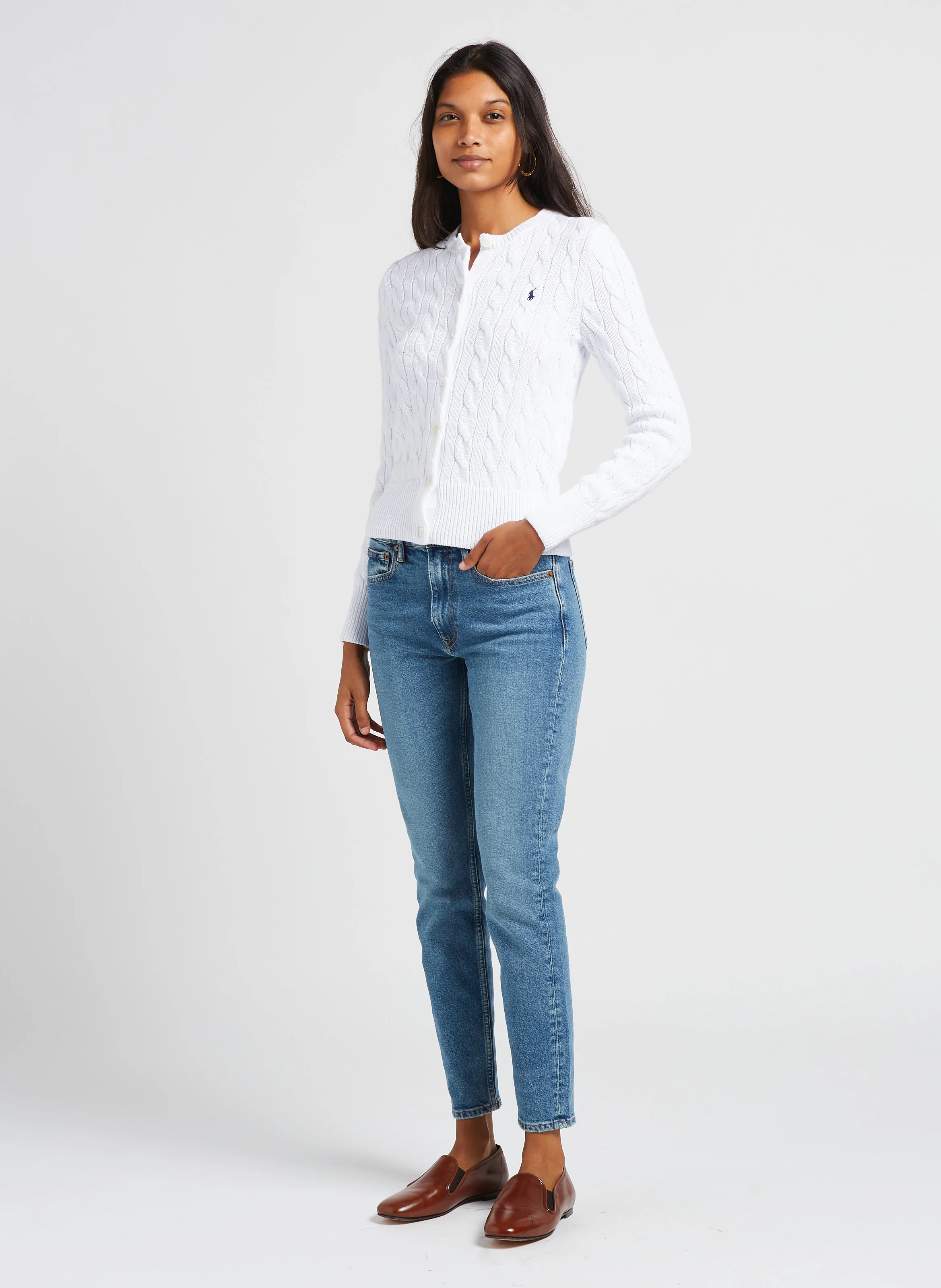 Gilet col rond brodé en coton | Blanc