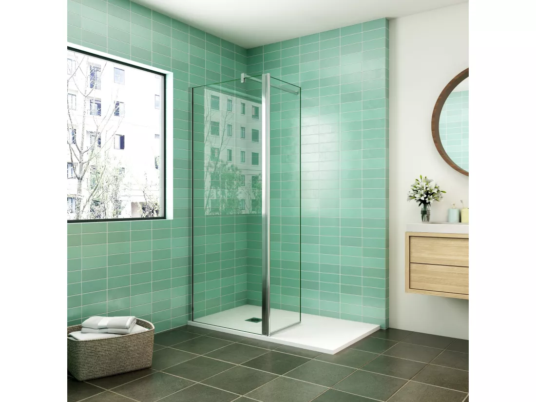 Paroi de douche à l'italienne 70x200cm avec retour pivotant 50x200cm - Verre securit - Avec barre de fixation carrée 140cm