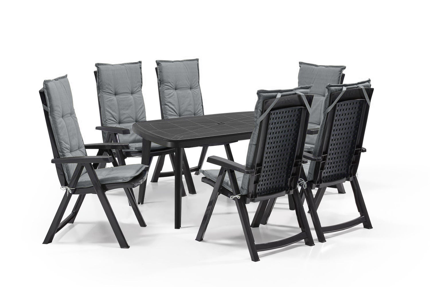 Shaf Milano 7-delige tuinmeubelset antraciet bestaande uit: 1 tafel en 6 klapstoelen met veiligheidsslot inclusief Madison kussen in grijs.