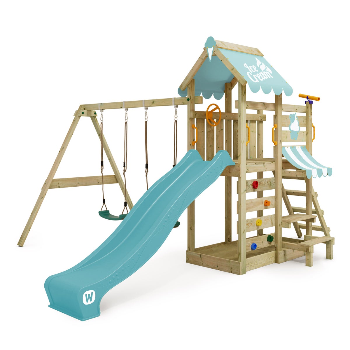 WICKEY VanillaFlyer Speeltoren Klimrek met Schommel en Glijbaan, Klimtoren met Zandbak, Ladder en Speelaccessoires – Pastelblauw